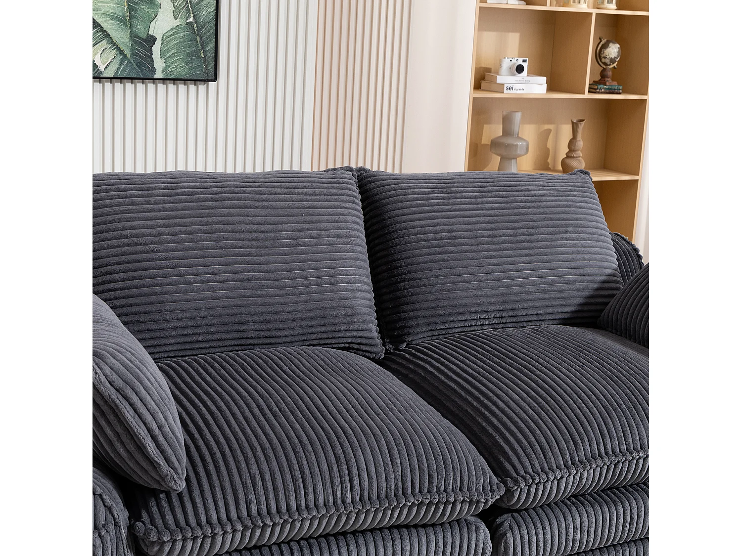 Modulaire 2-zitsbank van corduroy - 191 x 94 x 85 cm - met 1 poef + kussens + 2 opbergvakken - donkergrijs