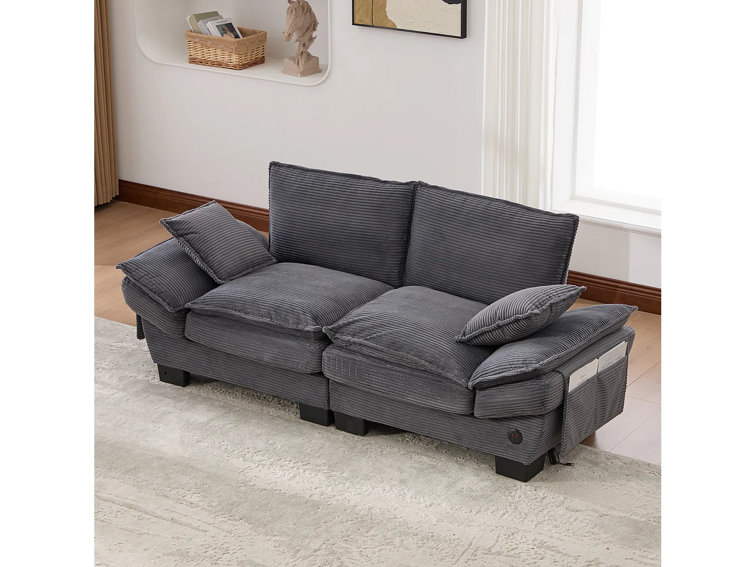 Zweisitzer-Cordsofa – 190 x 73 x 84 cm – mit USB-Anschluss und Taschen – Schaumstoffpolsterung – beige