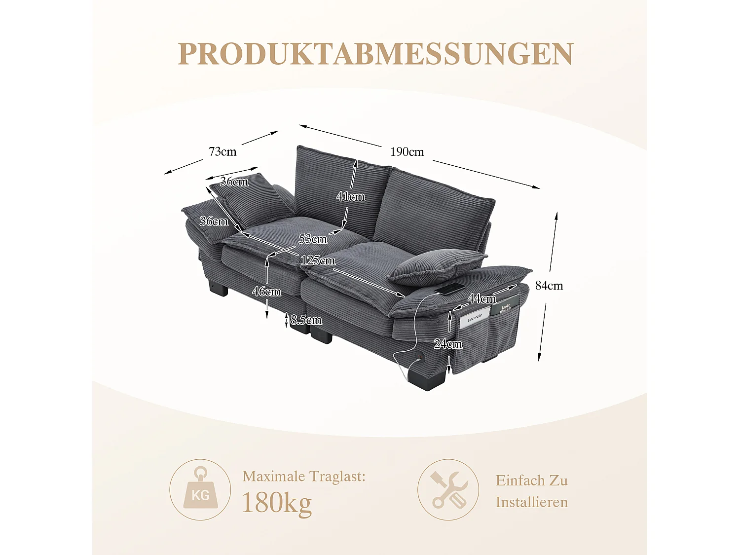 Zweisitzer-Cordsofa – 190 x 73 x 84 cm – mit USB-Anschluss und Taschen – Schaumstoffpolsterung – beige