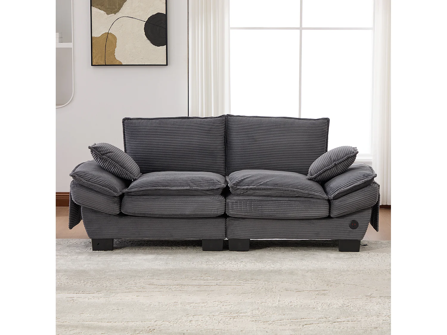 Zweisitzer-Cordsofa – 190 x 73 x 84 cm – mit USB-Anschluss und Taschen – Schaumstoffpolsterung – beige
