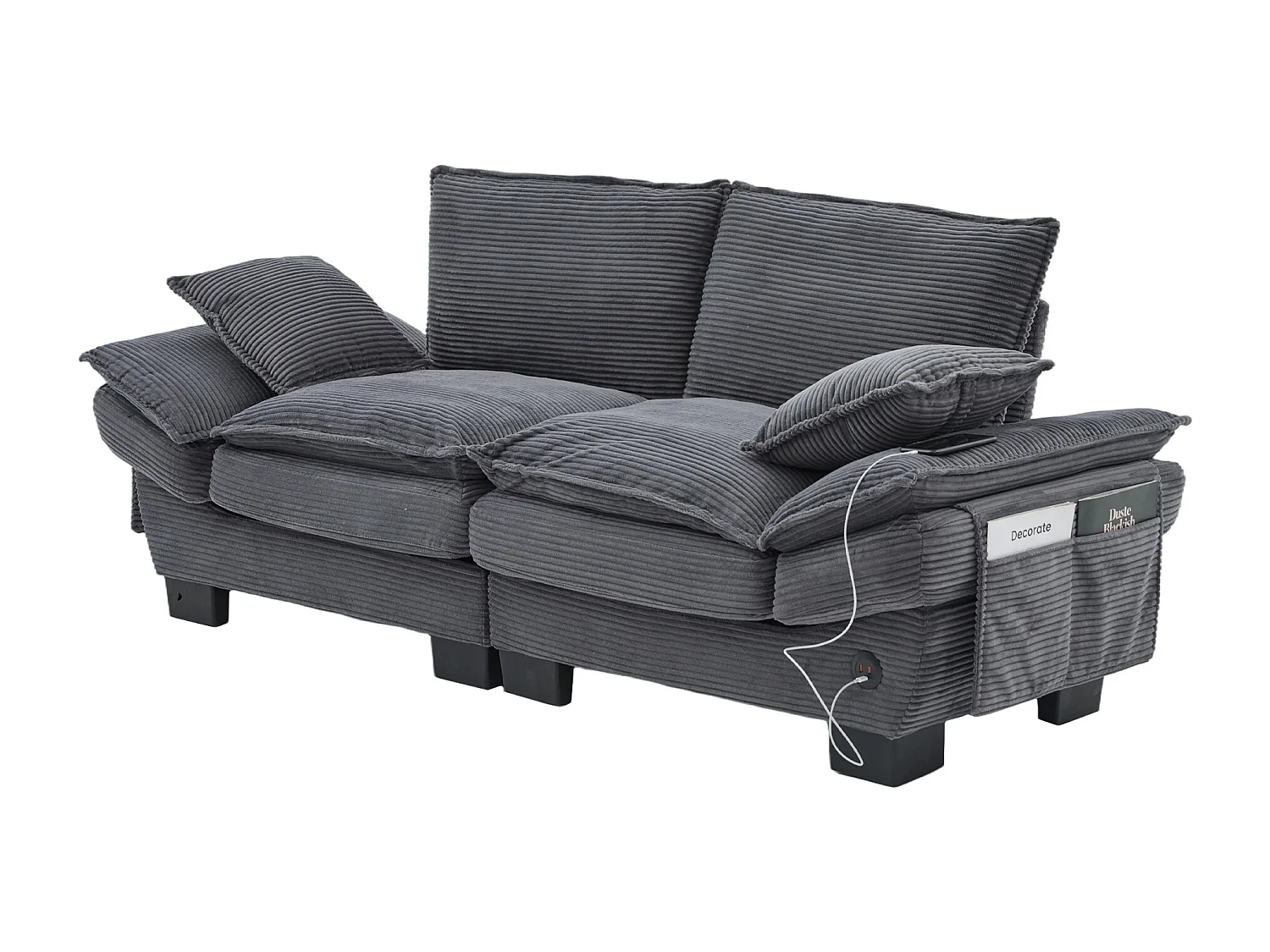 Zweisitzer-Cordsofa – 190 x 73 x 84 cm – mit USB-Anschluss und Taschen – Schaumstoffpolsterung – beige