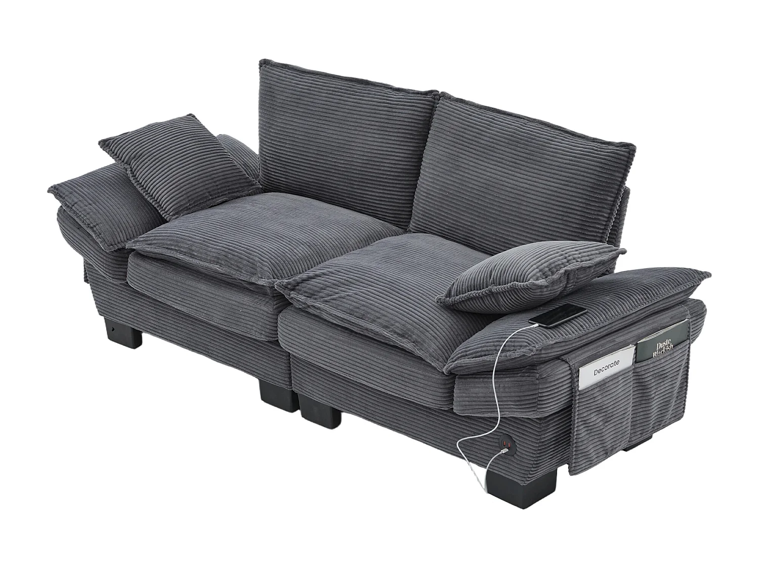 Zweisitzer-Cordsofa – 190 x 73 x 84 cm – mit USB-Anschluss und Taschen – Schaumstoffpolsterung – beige