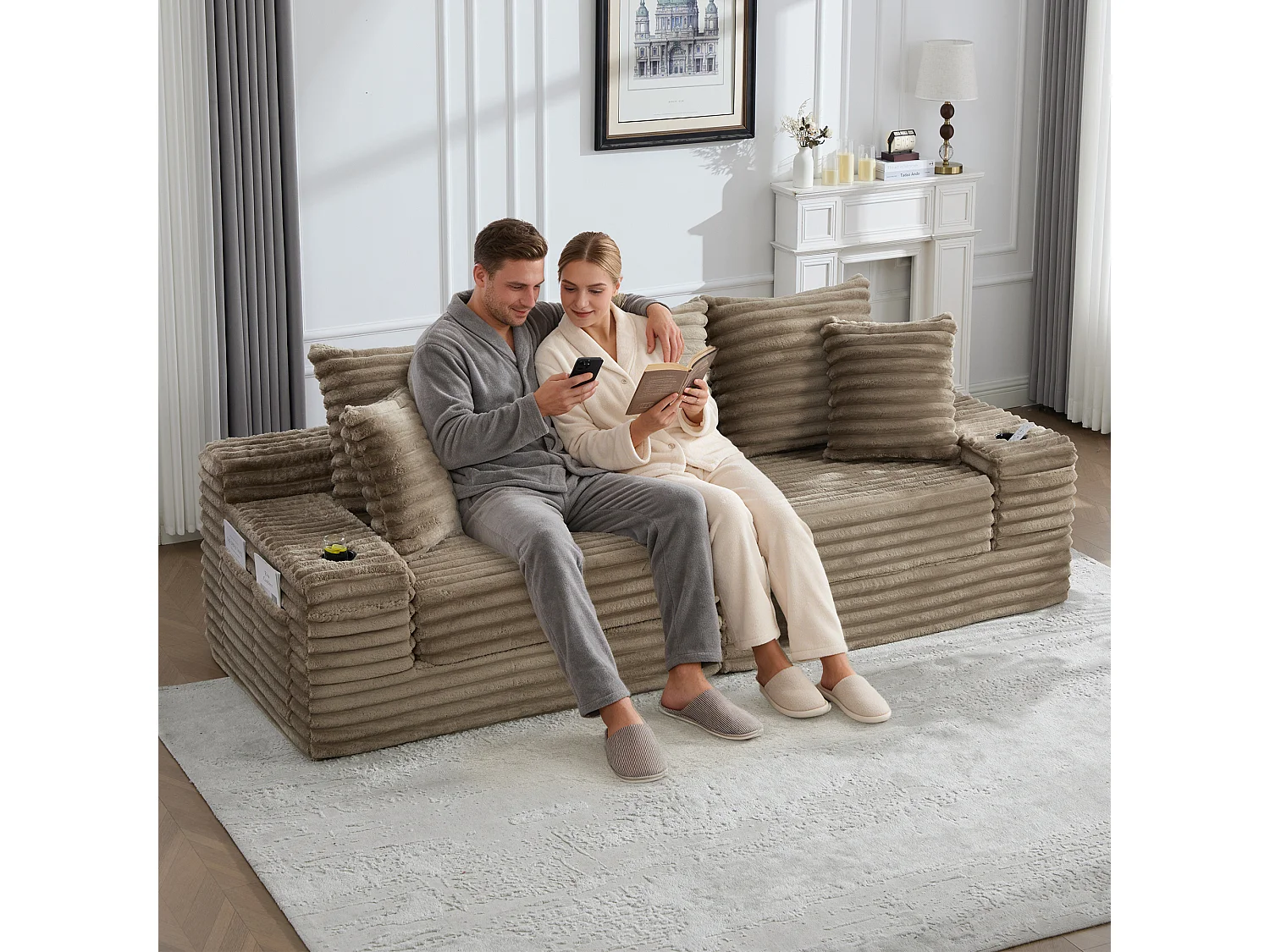 Sofá modular de 2 lugares em veludo cotelê - 107 x 38 x 34 cm - com almofadas + bolsos + porta-copos - cáqui