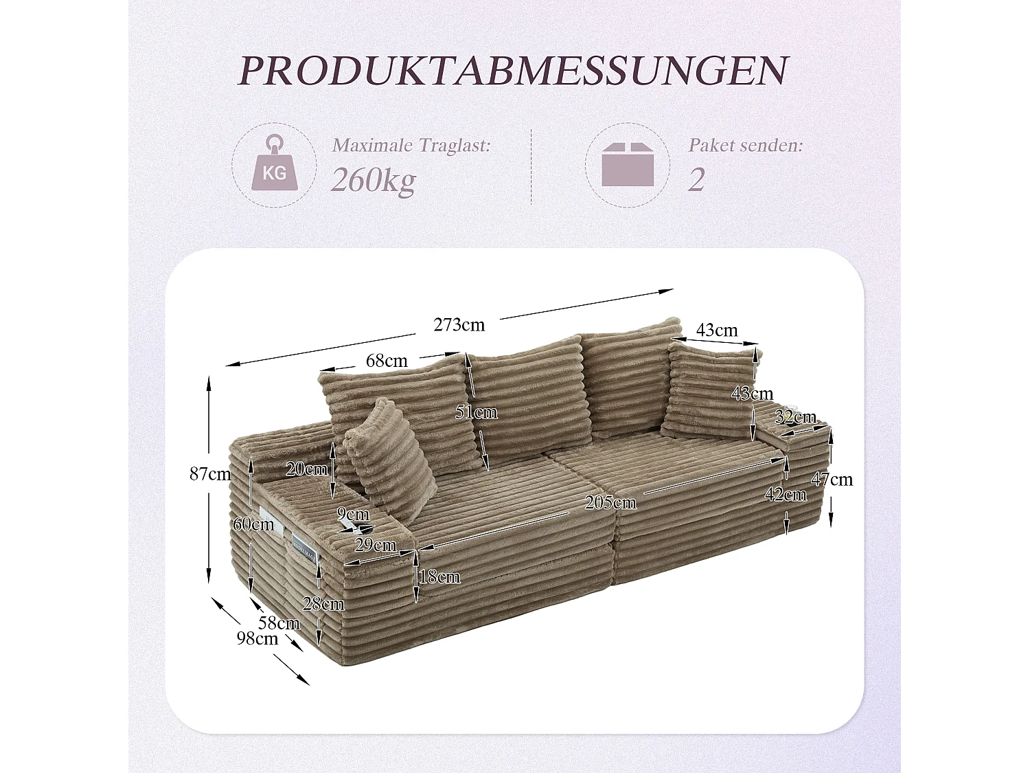 Sofá modular de 2 lugares em veludo cotelê - 107 x 38 x 34 cm - com almofadas + bolsos + porta-copos - cáqui