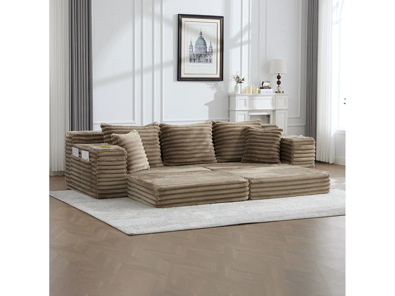 Sofá modular de 2 lugares em veludo cotelê - 107 x 38 x 34 cm - com almofadas + bolsos + porta-copos - cáqui