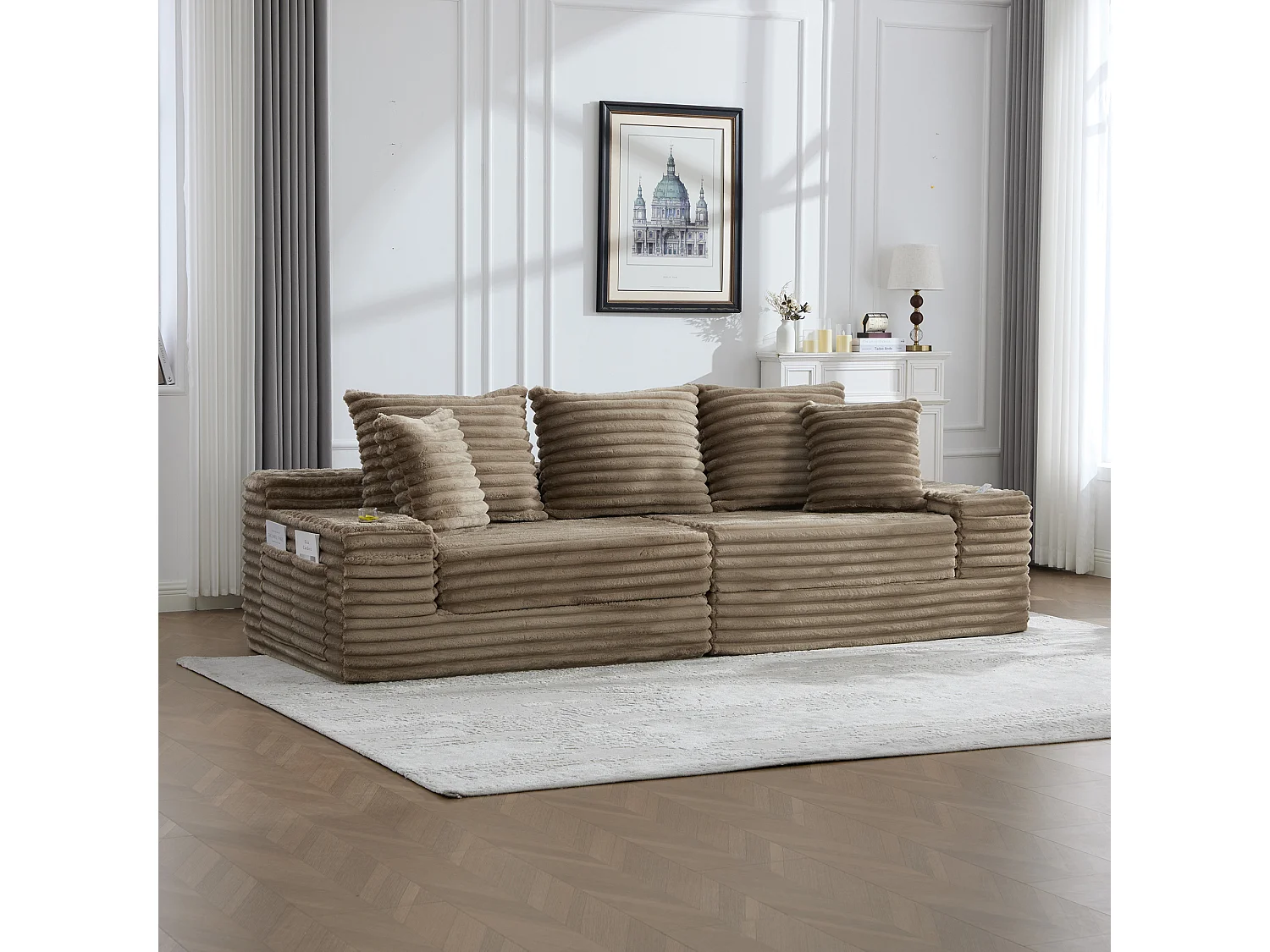 Sofá modular de 2 lugares em veludo cotelê - 107 x 38 x 34 cm - com almofadas + bolsos + porta-copos - cáqui