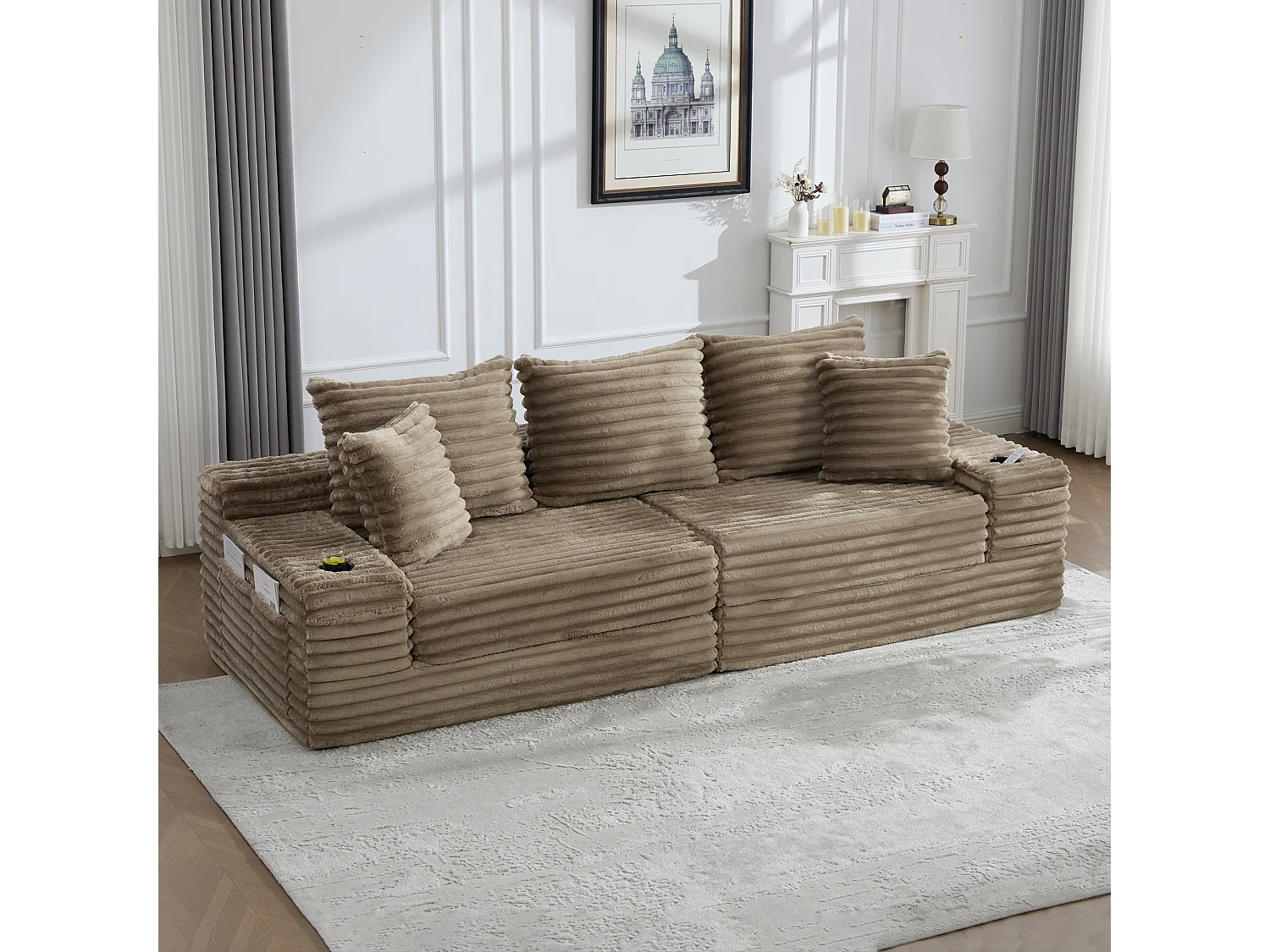 Sofá modular de 2 lugares em veludo cotelê - 107 x 38 x 34 cm - com almofadas + bolsos + porta-copos - cáqui