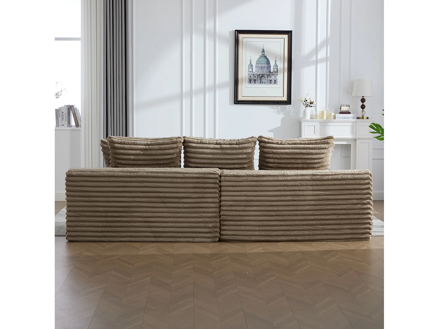 Sofá modular de 2 lugares em veludo cotelê - 107 x 38 x 34 cm - com almofadas + bolsos + porta-copos - cáqui