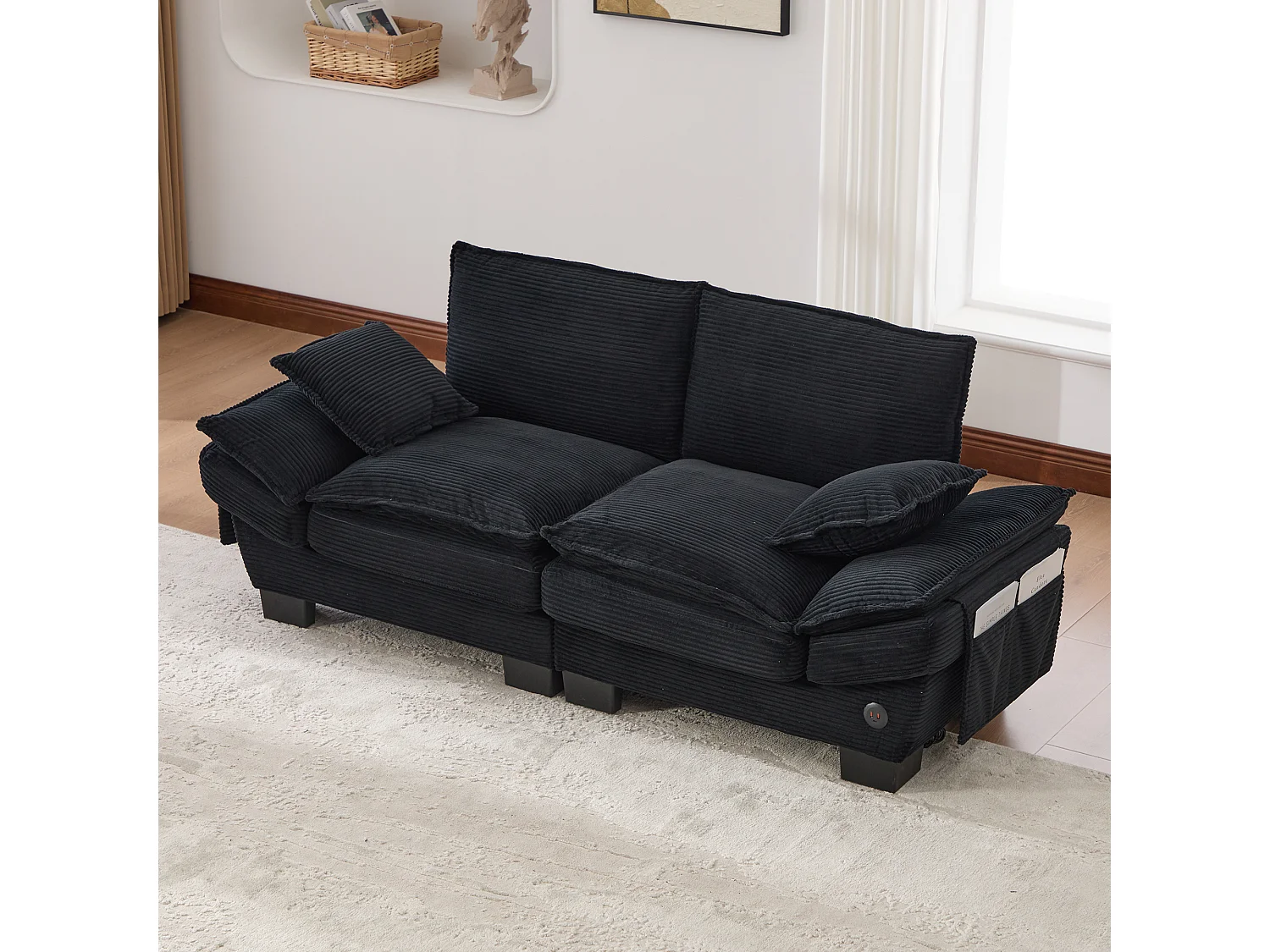 2-Sitzer-Cordsofa – 190 x 73 x 84 cm – mit USB-Anschluss und Taschen – Schaumstoffpolsterung – schwarz