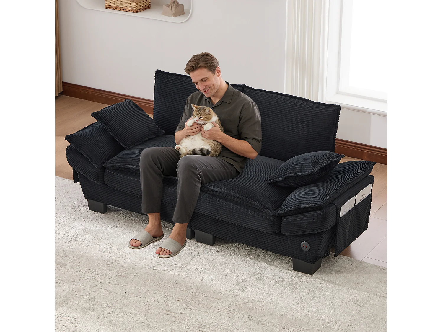 2-Sitzer-Cordsofa – 190 x 73 x 84 cm – mit USB-Anschluss und Taschen – Schaumstoffpolsterung – schwarz