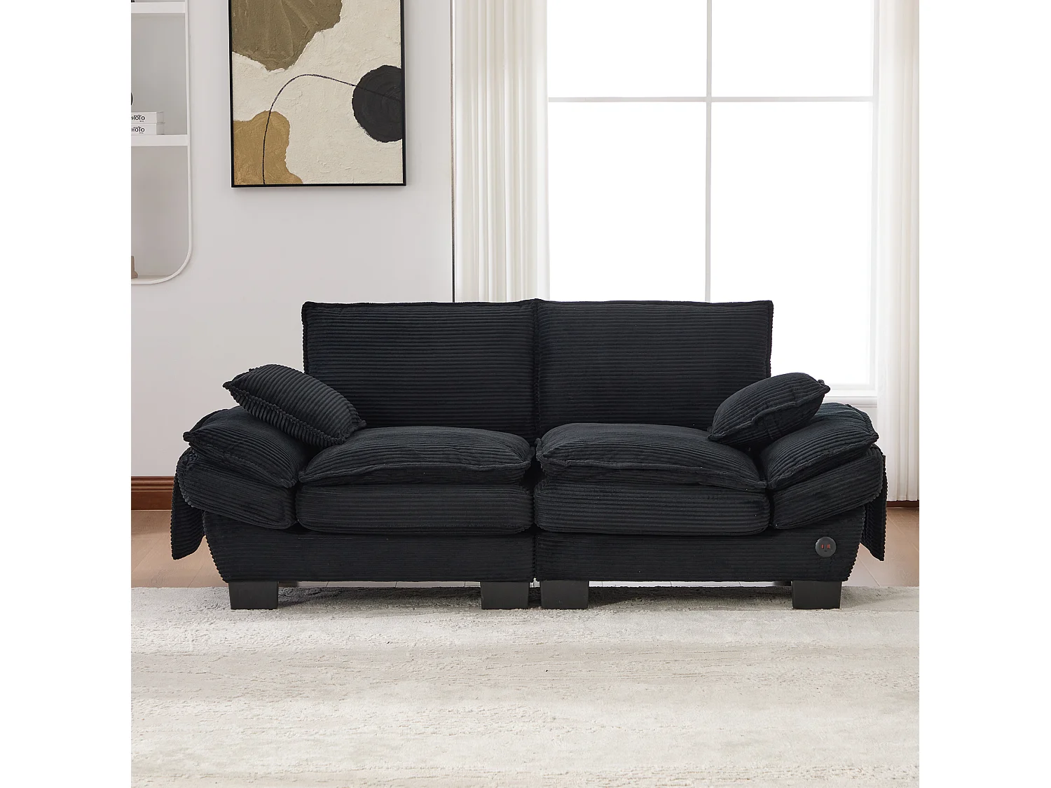 2-Sitzer-Cordsofa – 190 x 73 x 84 cm – mit USB-Anschluss und Taschen – Schaumstoffpolsterung – schwarz