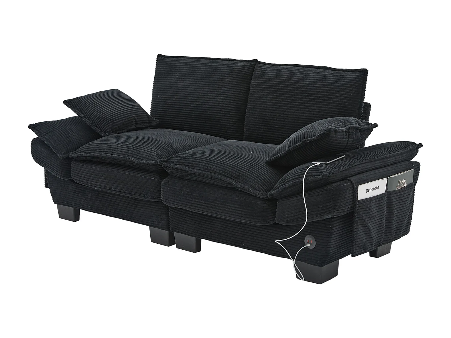 2-Sitzer-Cordsofa – 190 x 73 x 84 cm – mit USB-Anschluss und Taschen – Schaumstoffpolsterung – schwarz