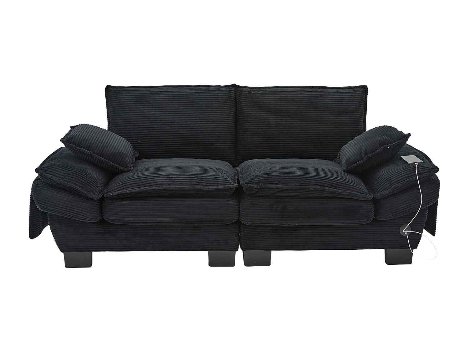 2-Sitzer-Cordsofa – 190 x 73 x 84 cm – mit USB-Anschluss und Taschen – Schaumstoffpolsterung – schwarz
