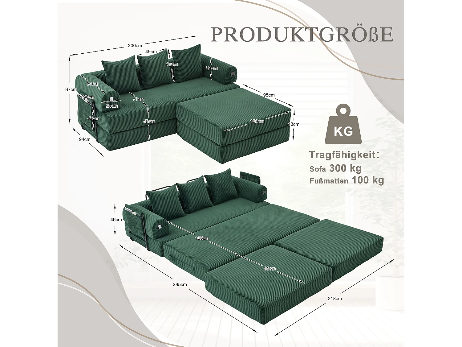 Modulaire 3-zitsbank - 200 x 190 x 67 cm - met 3 kussens + zijvak - corduroy - groen