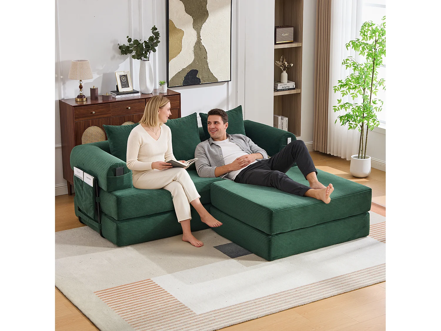 Modulaire 3-zitsbank - 200 x 190 x 67 cm - met 3 kussens + zijvak - corduroy - groen