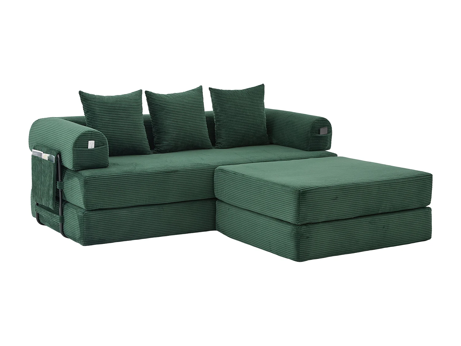 Modulaire 3-zitsbank - 200 x 190 x 67 cm - met 3 kussens + zijvak - corduroy - groen