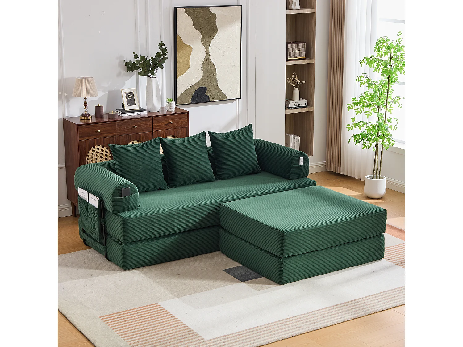 Modulaire 3-zitsbank - 200 x 190 x 67 cm - met 3 kussens + zijvak - corduroy - groen