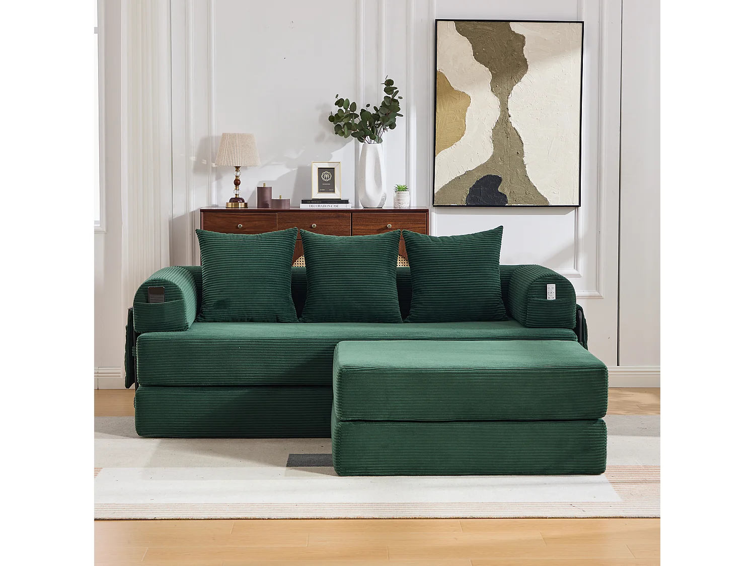 Modulaire 3-zitsbank - 200 x 190 x 67 cm - met 3 kussens + zijvak - corduroy - groen