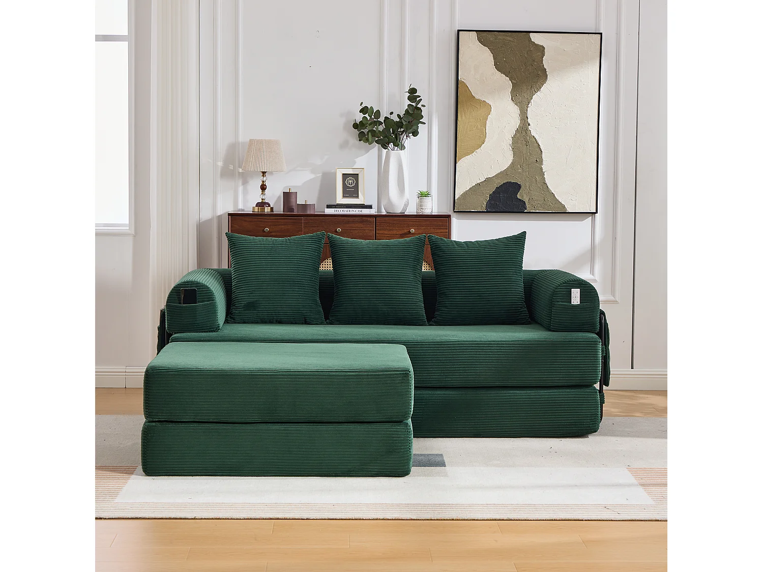 Modulaire 3-zitsbank - 200 x 190 x 67 cm - met 3 kussens + zijvak - corduroy - groen