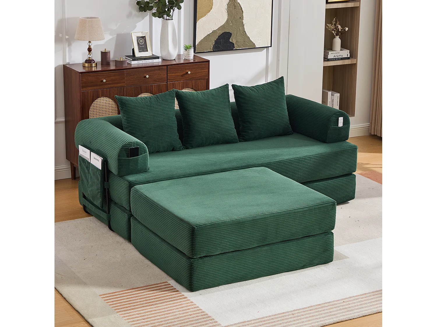 Modulaire 3-zitsbank - 200 x 190 x 67 cm - met 3 kussens + zijvak - corduroy - groen