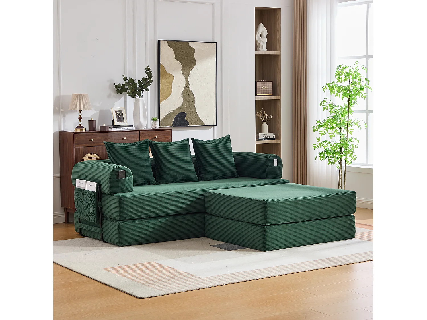 Modulaire 3-zitsbank - 200 x 190 x 67 cm - met 3 kussens + zijvak - corduroy - groen