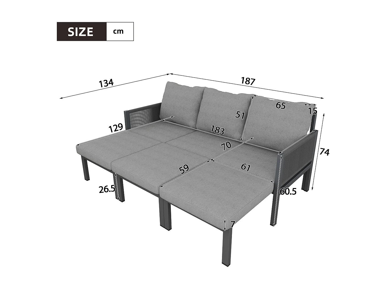 Havemøbelsæt - 3-personers sofa, der kan laves om til chaiselong - galvaniseret jern - grå