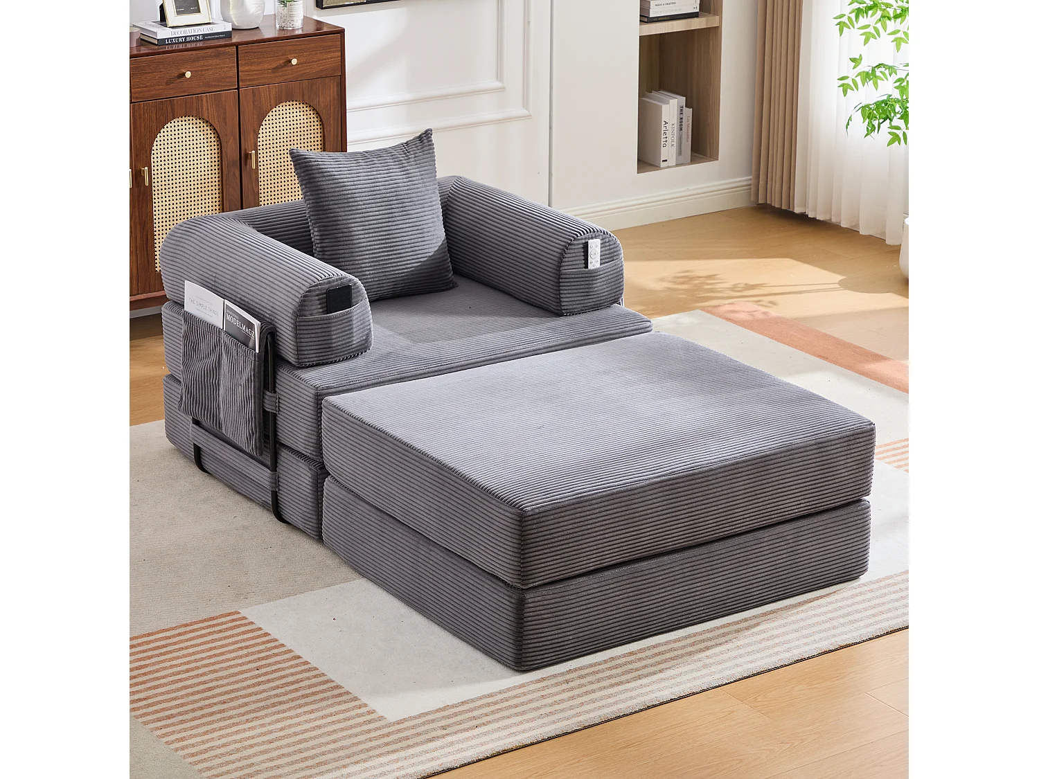 Verwandlungssessel aus Cord – 190 x 112 x 67 cm – mit Kissen und Tasche – stufenlos modular – dunkelgrau