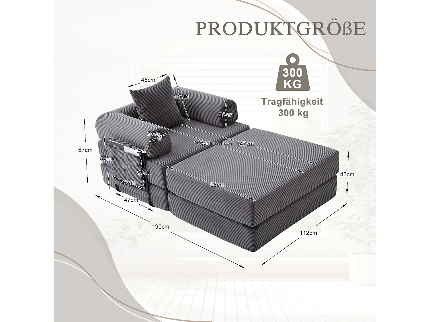 Verwandlungssessel aus Cord – 190 x 112 x 67 cm – mit Kissen und Tasche – stufenlos modular – dunkelgrau
