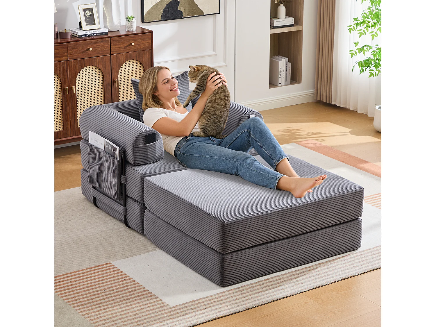 Verwandlungssessel aus Cord – 190 x 112 x 67 cm – mit Kissen und Tasche – stufenlos modular – dunkelgrau