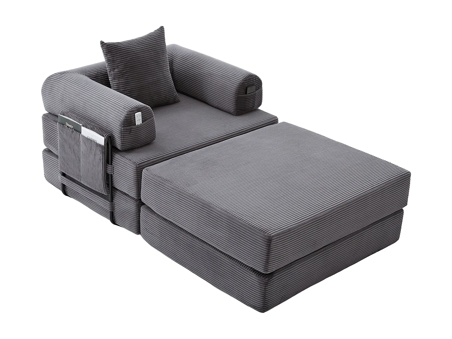 Verwandlungssessel aus Cord – 190 x 112 x 67 cm – mit Kissen und Tasche – stufenlos modular – dunkelgrau