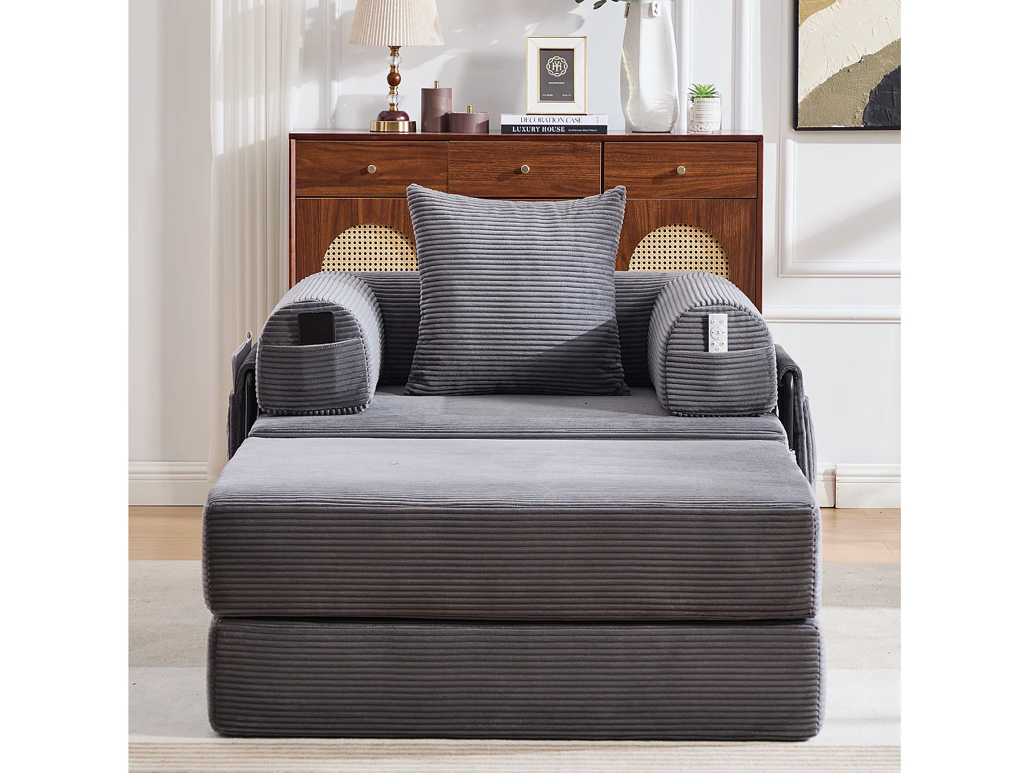 Verwandlungssessel aus Cord – 190 x 112 x 67 cm – mit Kissen und Tasche – stufenlos modular – dunkelgrau