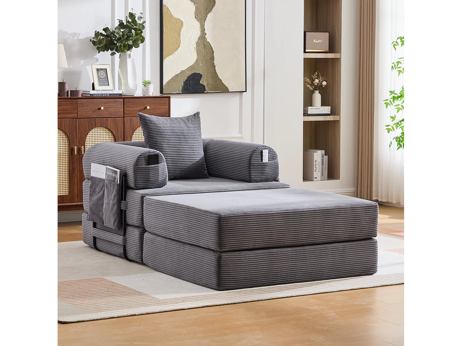 Verwandlungssessel aus Cord – 190 x 112 x 67 cm – mit Kissen und Tasche – stufenlos modular – dunkelgrau