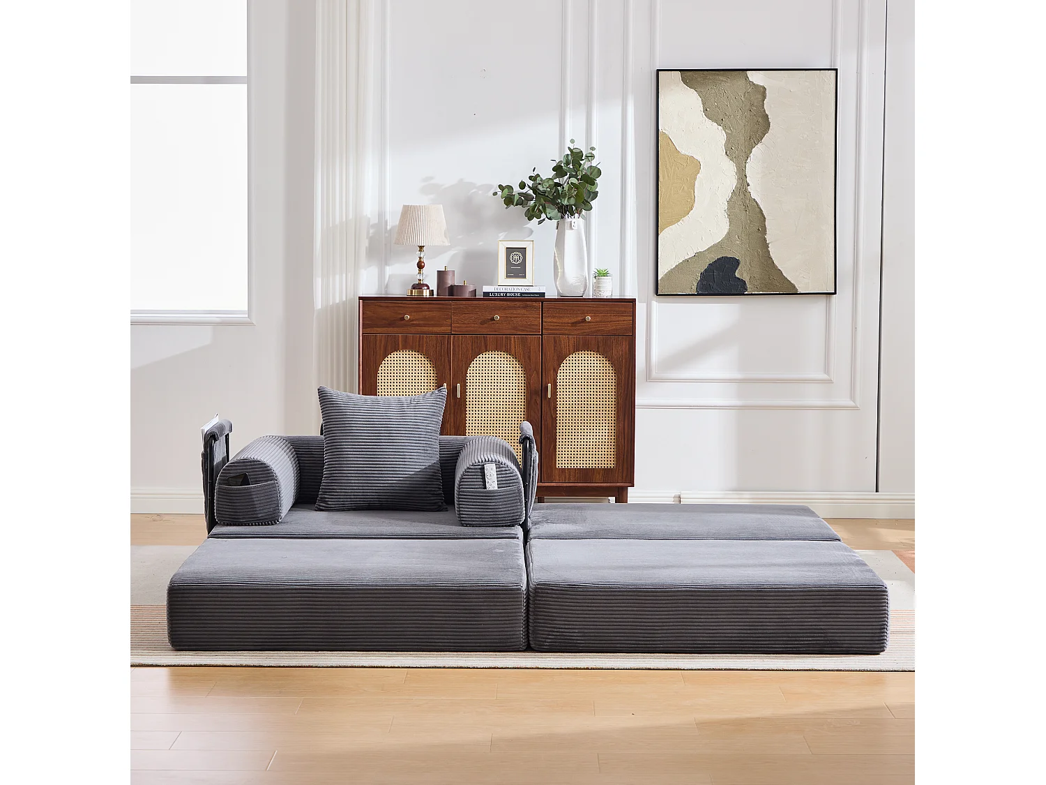 Verwandlungssessel aus Cord – 190 x 112 x 67 cm – mit Kissen und Tasche – stufenlos modular – dunkelgrau