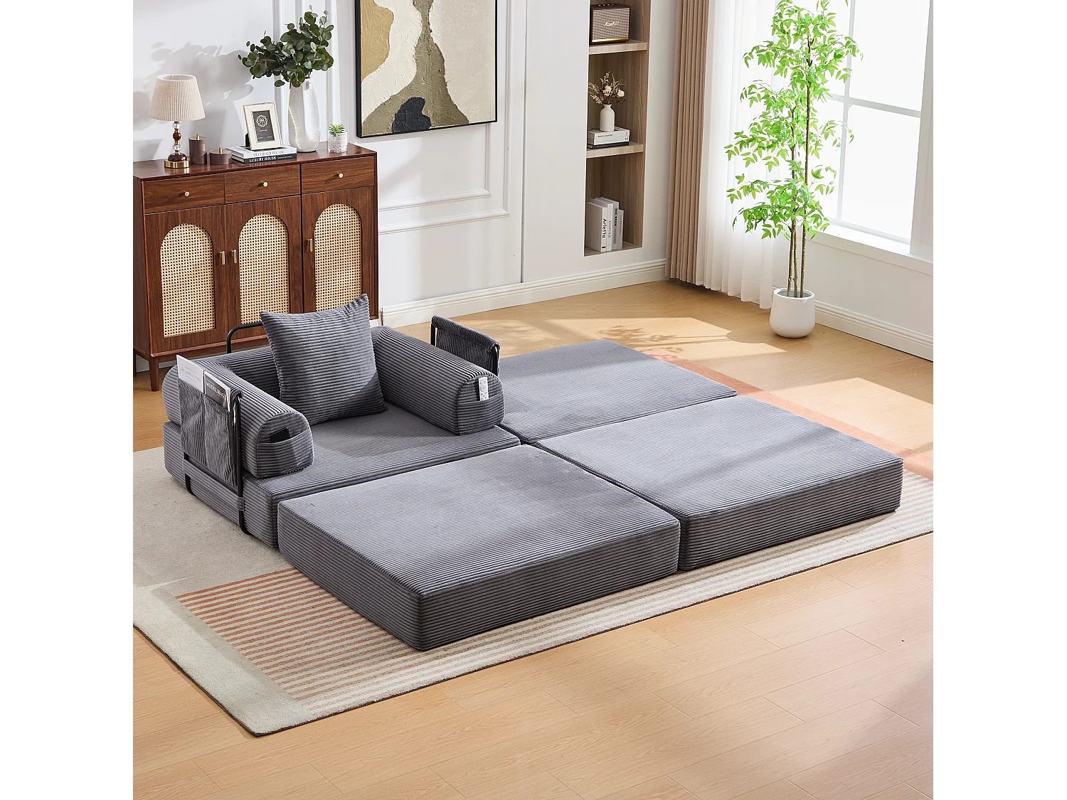 Verwandlungssessel aus Cord – 190 x 112 x 67 cm – mit Kissen und Tasche – stufenlos modular – dunkelgrau