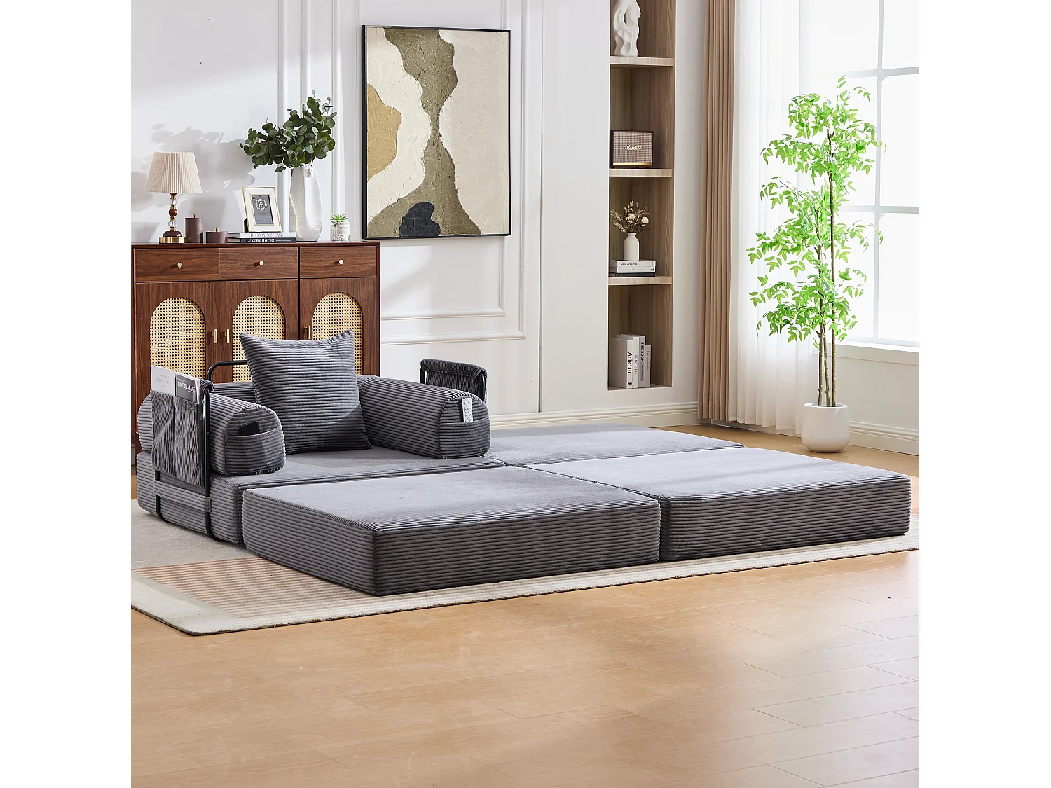 Verwandlungssessel aus Cord – 190 x 112 x 67 cm – mit Kissen und Tasche – stufenlos modular – dunkelgrau