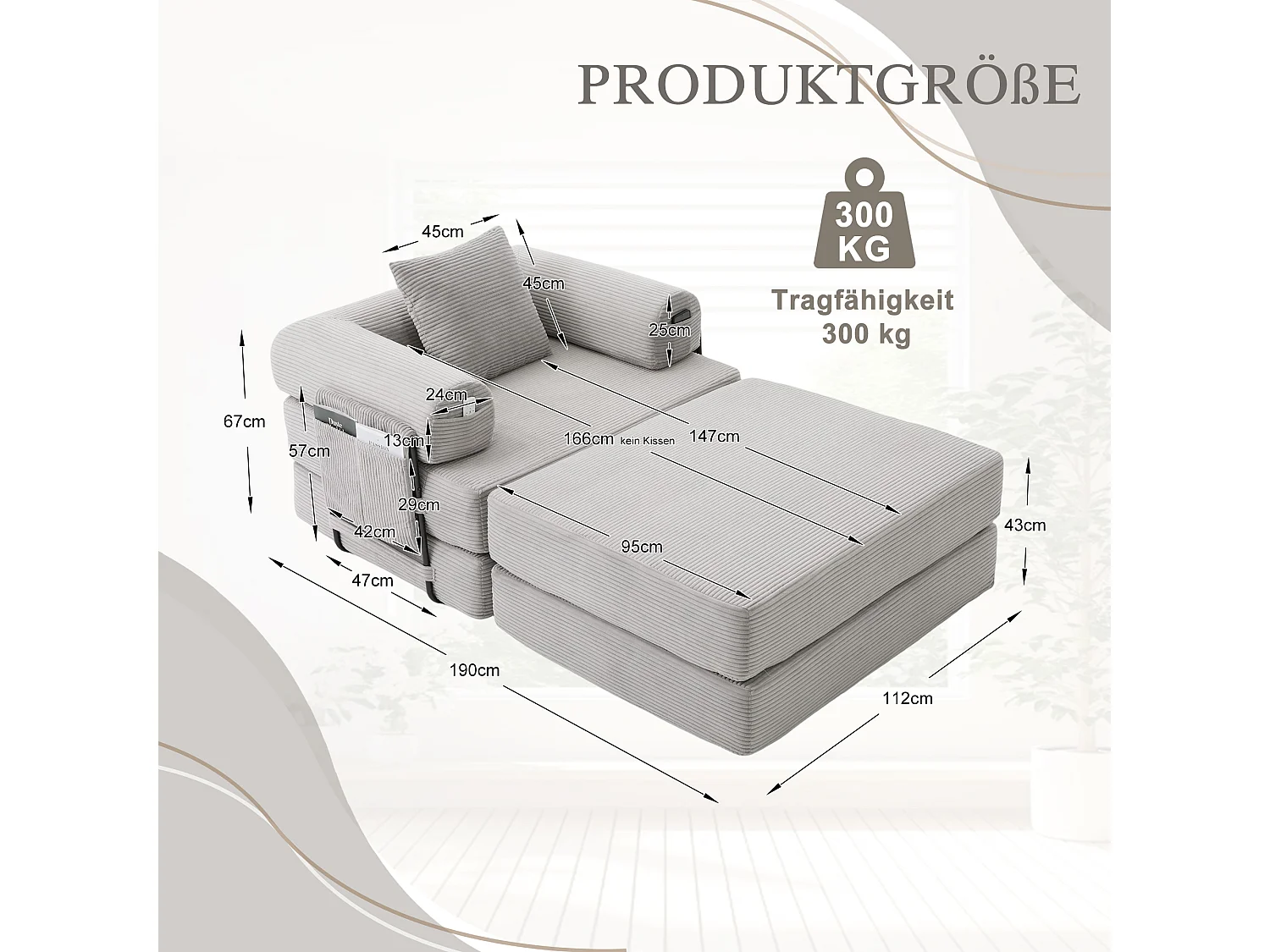 Verwandlungssessel aus Cord-Samt – 190 x 112 x 67 cm – mit Kissen und Tasche – stufenlos modular – hellgrau