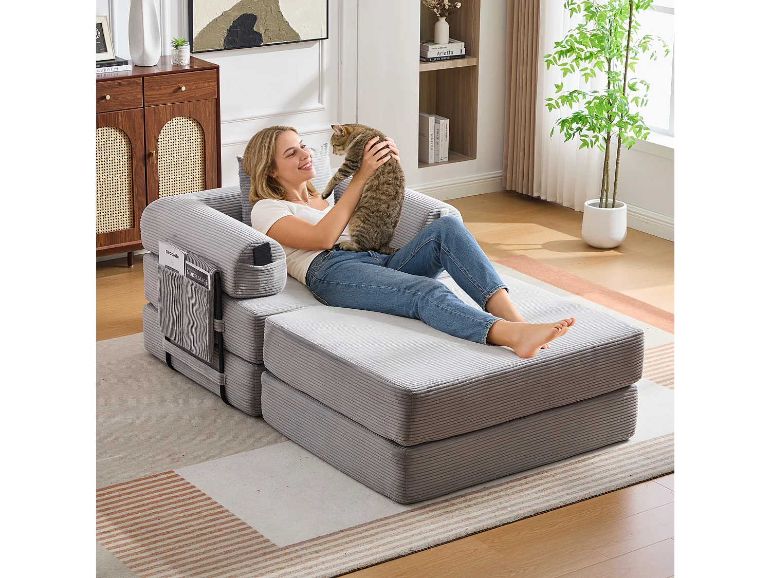 Verwandlungssessel aus Cord-Samt – 190 x 112 x 67 cm – mit Kissen und Tasche – stufenlos modular – hellgrau