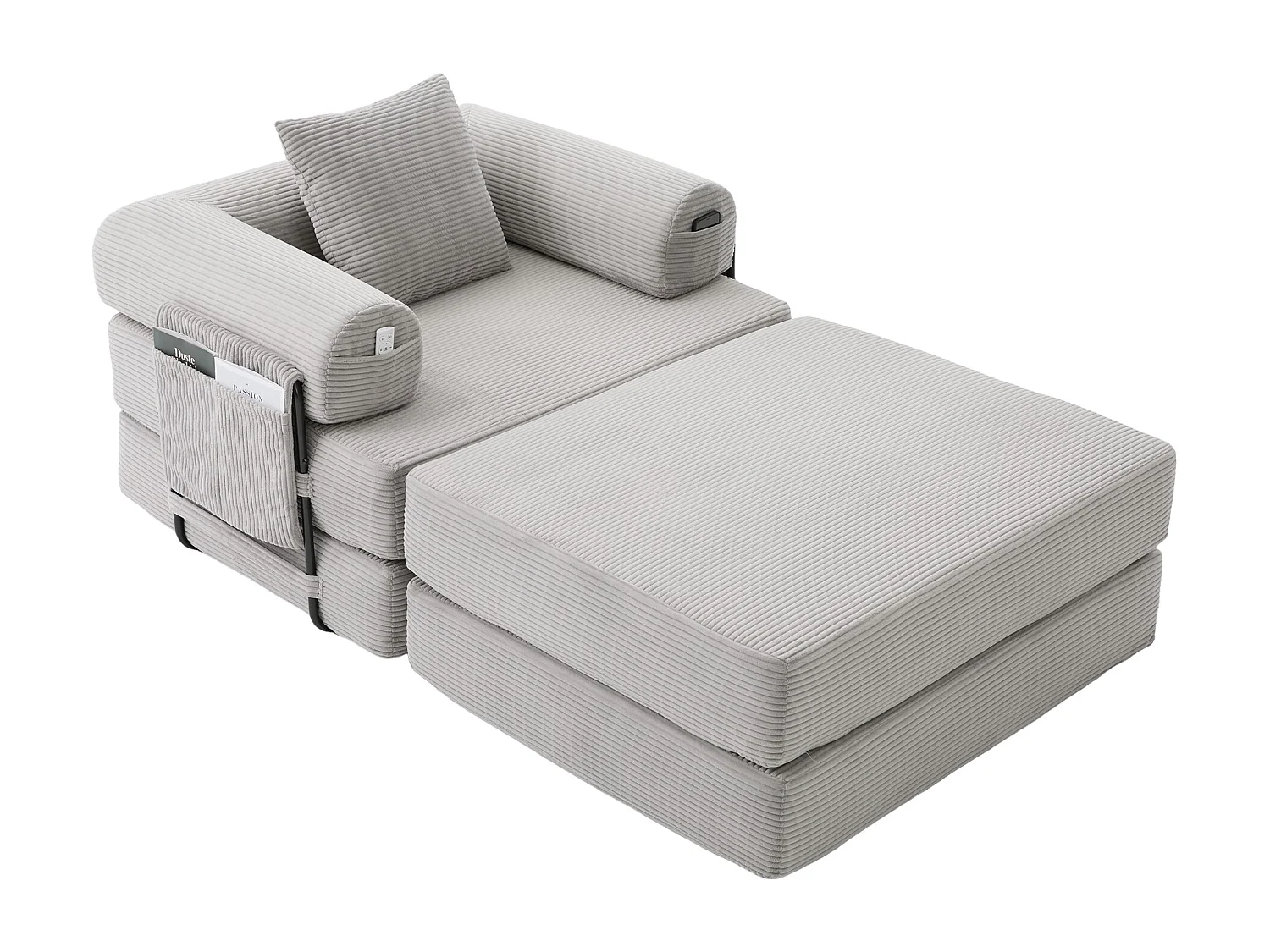 Verwandlungssessel aus Cord-Samt – 190 x 112 x 67 cm – mit Kissen und Tasche – stufenlos modular – hellgrau