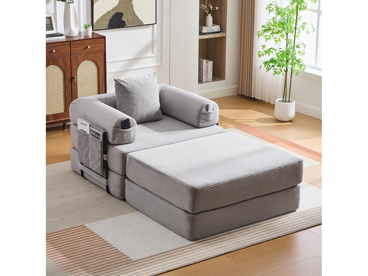 Verwandlungssessel aus Cord-Samt – 190 x 112 x 67 cm – mit Kissen und Tasche – stufenlos modular – hellgrau