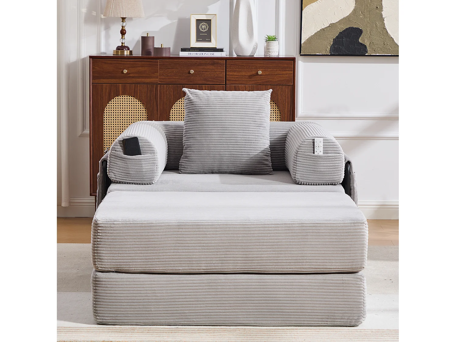 Verwandlungssessel aus Cord-Samt – 190 x 112 x 67 cm – mit Kissen und Tasche – stufenlos modular – hellgrau