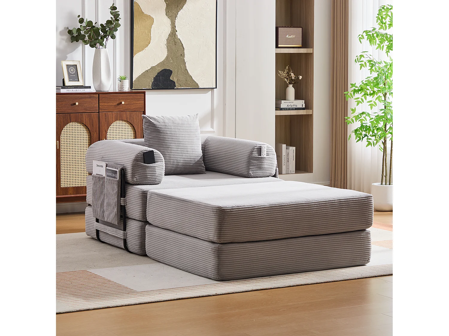 Verwandlungssessel aus Cord-Samt – 190 x 112 x 67 cm – mit Kissen und Tasche – stufenlos modular – hellgrau