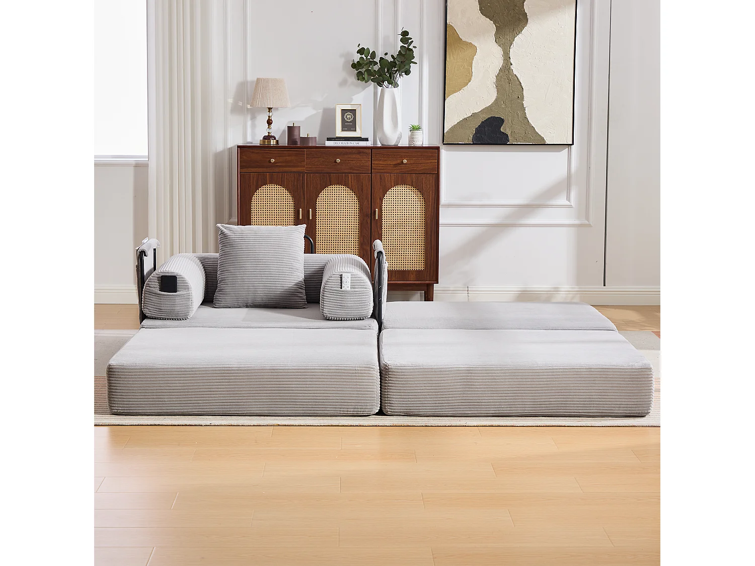 Verwandlungssessel aus Cord-Samt – 190 x 112 x 67 cm – mit Kissen und Tasche – stufenlos modular – hellgrau