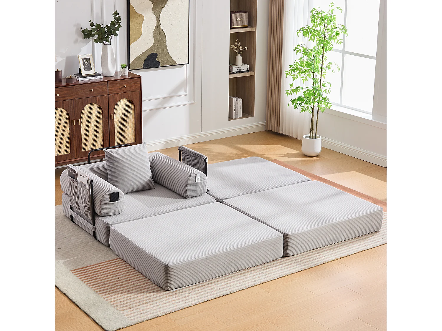 Verwandlungssessel aus Cord-Samt – 190 x 112 x 67 cm – mit Kissen und Tasche – stufenlos modular – hellgrau