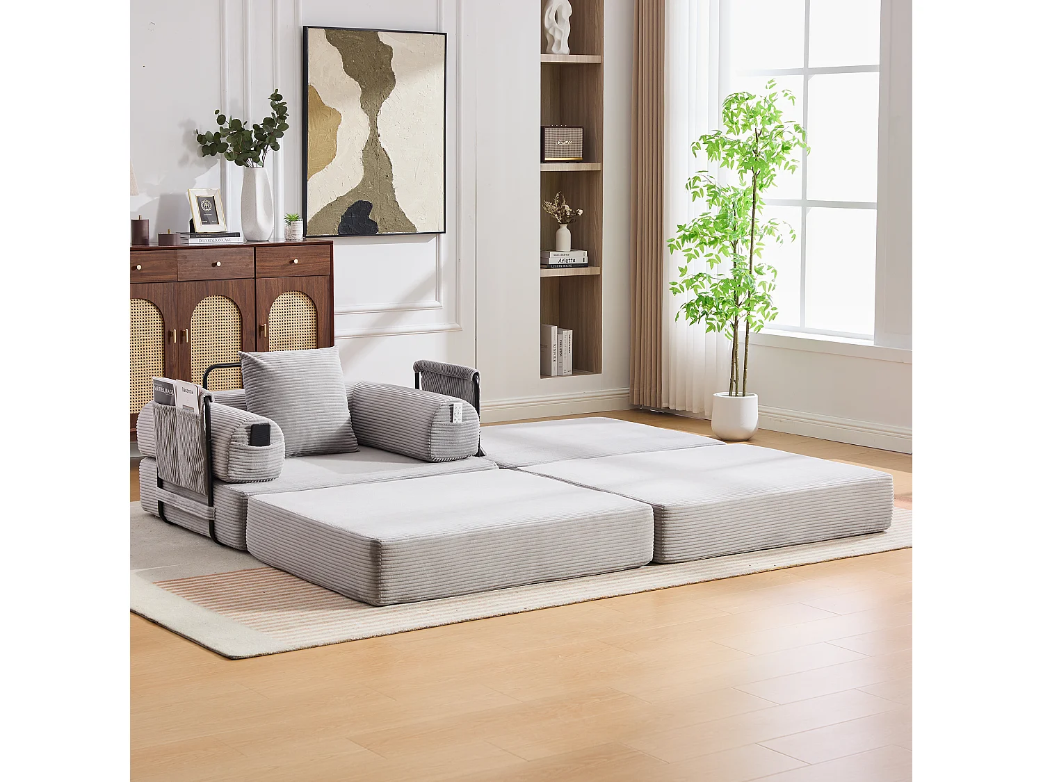 Verwandlungssessel aus Cord-Samt – 190 x 112 x 67 cm – mit Kissen und Tasche – stufenlos modular – hellgrau