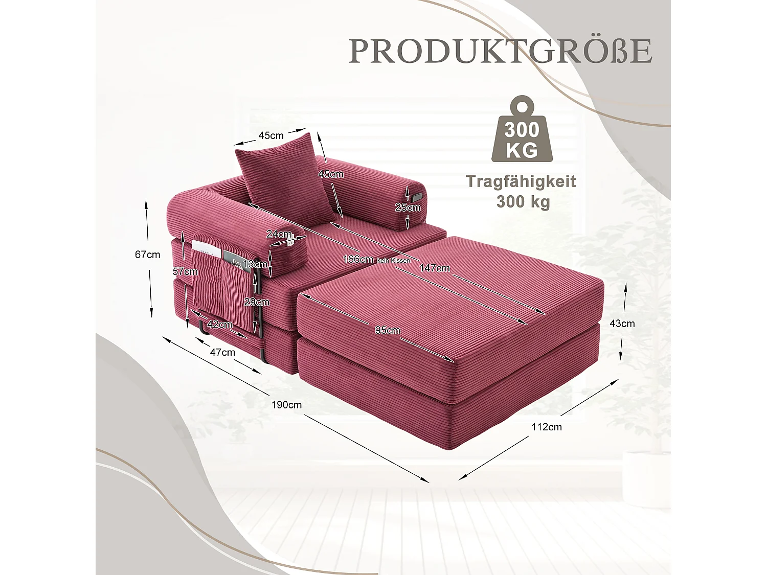 Verwandlungssessel aus Cord – 190 x 112 x 67 cm – mit Kissen und Tasche – stufenlos modular – rot