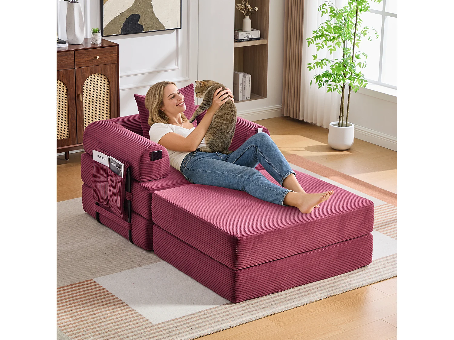 Verwandlungssessel aus Cord – 190 x 112 x 67 cm – mit Kissen und Tasche – stufenlos modular – rot