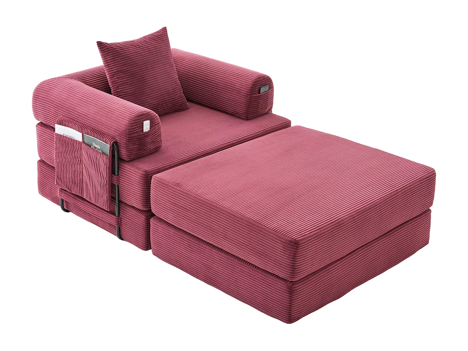 Verwandlungssessel aus Cord – 190 x 112 x 67 cm – mit Kissen und Tasche – stufenlos modular – rot