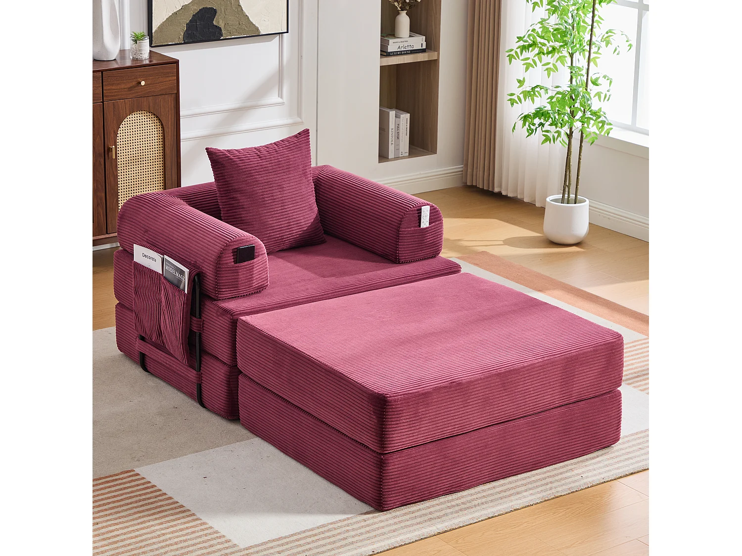 Verwandlungssessel aus Cord – 190 x 112 x 67 cm – mit Kissen und Tasche – stufenlos modular – rot