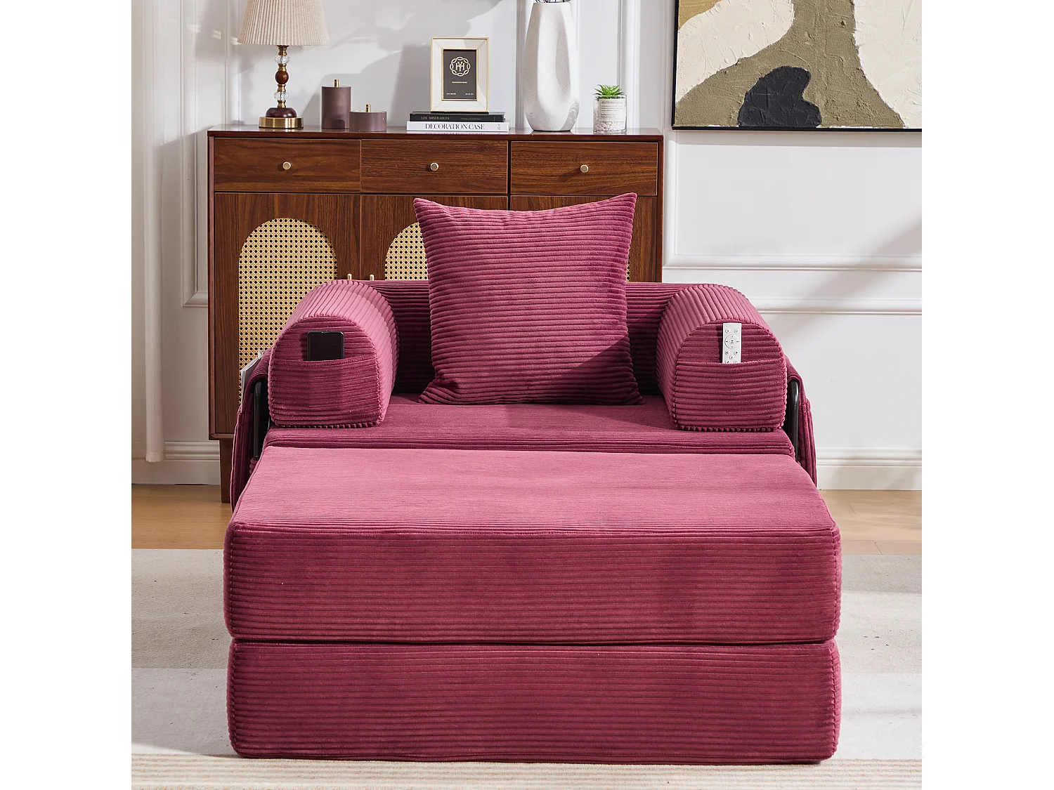 Verwandlungssessel aus Cord – 190 x 112 x 67 cm – mit Kissen und Tasche – stufenlos modular – rot