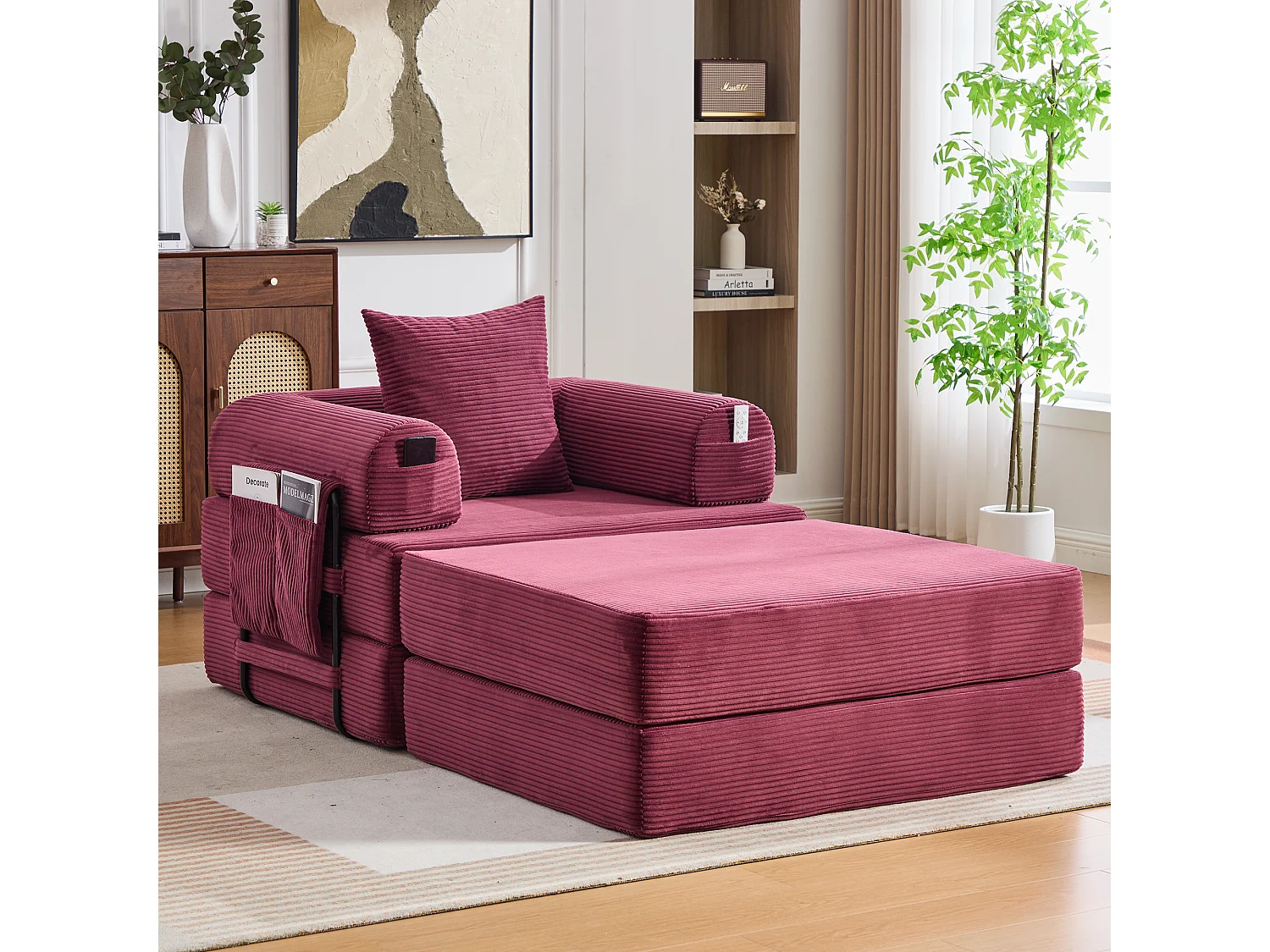 Verwandlungssessel aus Cord – 190 x 112 x 67 cm – mit Kissen und Tasche – stufenlos modular – rot